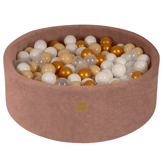 MeowBaby beige velvet ballenbak van 90 cm met 200 gouden, beige, witte en transparante speelballen
