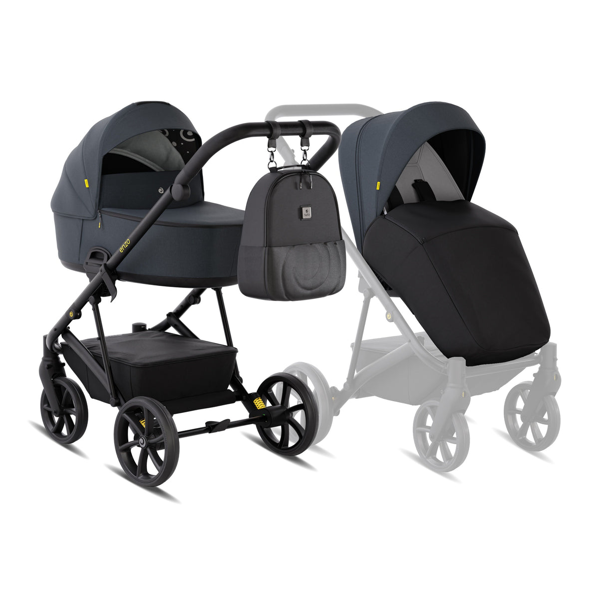 Tutis ENZO 2-in-1 kinderwagen Antracite 546 met donkere ThermoCot reiswieg, aluminium chassis en gele details