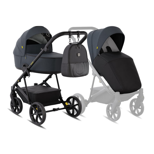 Tutis ENZO 2-in-1 kinderwagen Antracite 546 met donkere ThermoCot reiswieg, aluminium chassis en gele details