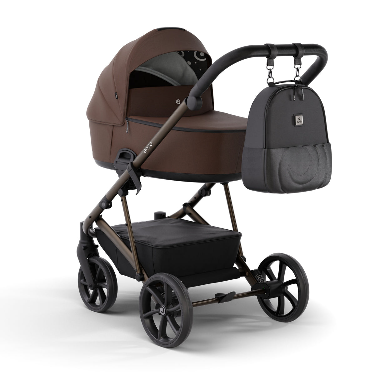 Tutis ENZO 2-in-1 kinderwagen Chocolate 548 met bruine ThermoCot reiswieg, aluminium chassis en gele details