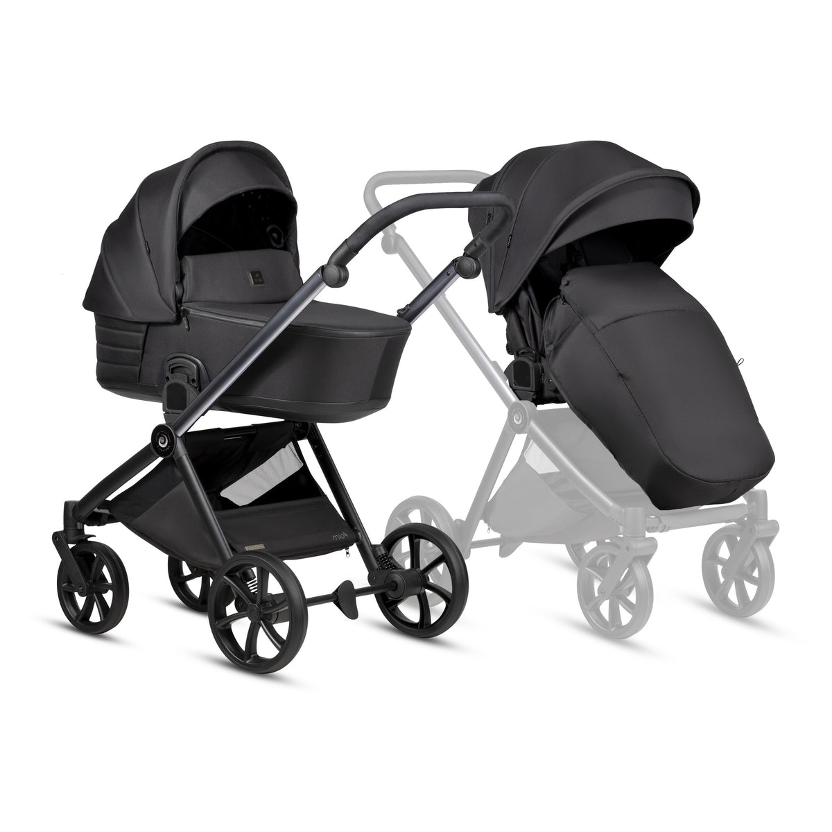 Tutis MIO3+ Black Edition 2-in-1 kinderwagen Obsidian 060 met donkere ThermoCot reiswieg en aluminium chassis