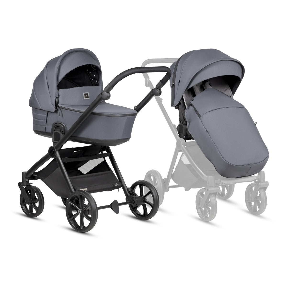 Tutis MIO3+ Essential 2-in-1 kinderwagen Dark Grey 103 met donkergrijze ThermoCot reiswieg en licht aluminium chassis