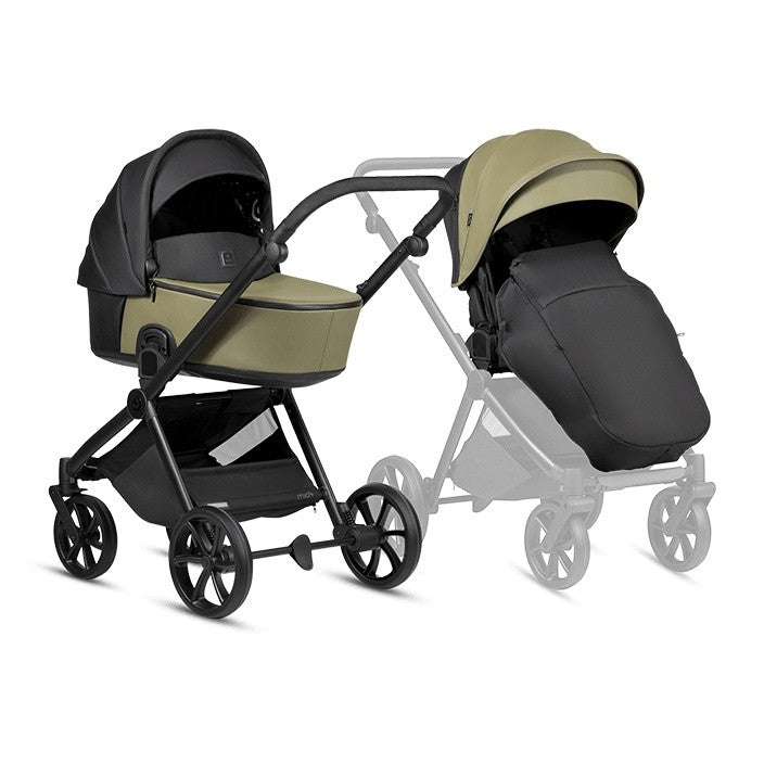 Tutis MIO3+ Leather 2-in-1 kinderwagen Olive 025 met groene ThermoCot reiswieg en licht aluminium chassis
