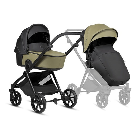 Tutis MIO3+ Leather 2-in-1 kinderwagen Olive 025 met groene ThermoCot reiswieg en licht aluminium chassis