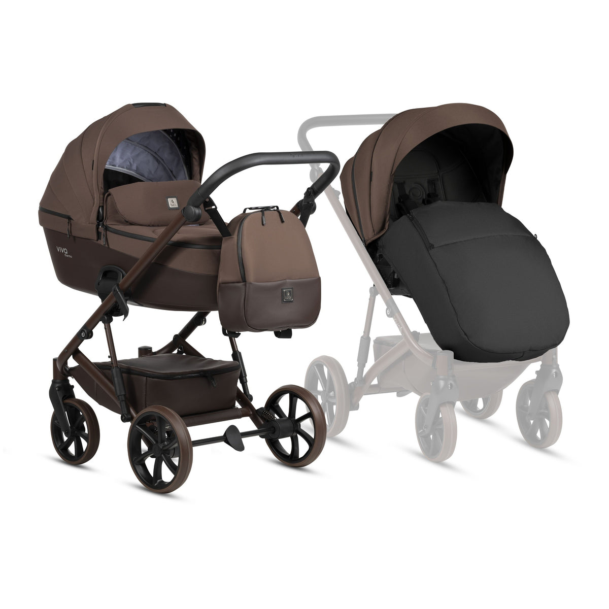 Tutis Viva 6+ Essential 2-in-1 kinderwagen Espresso 067 met ThermoCot reiswieg, aluminium chassis en donkerbruine afwerking
