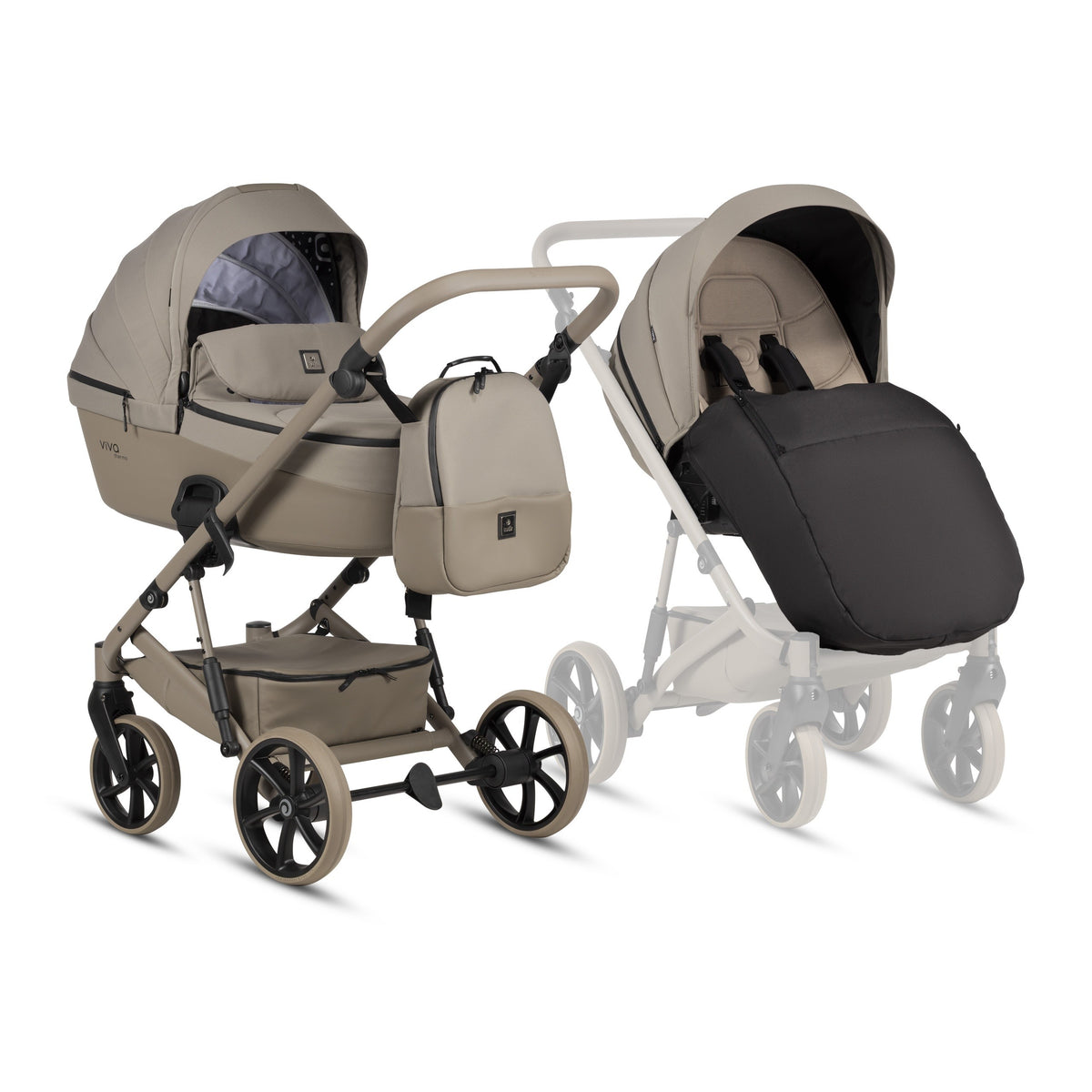 Tutis Viva 6+ Essential 2-in-1 kinderwagen Warm Grey 068 met ThermoCot reiswieg, aluminium chassis en warme grijze bekleding