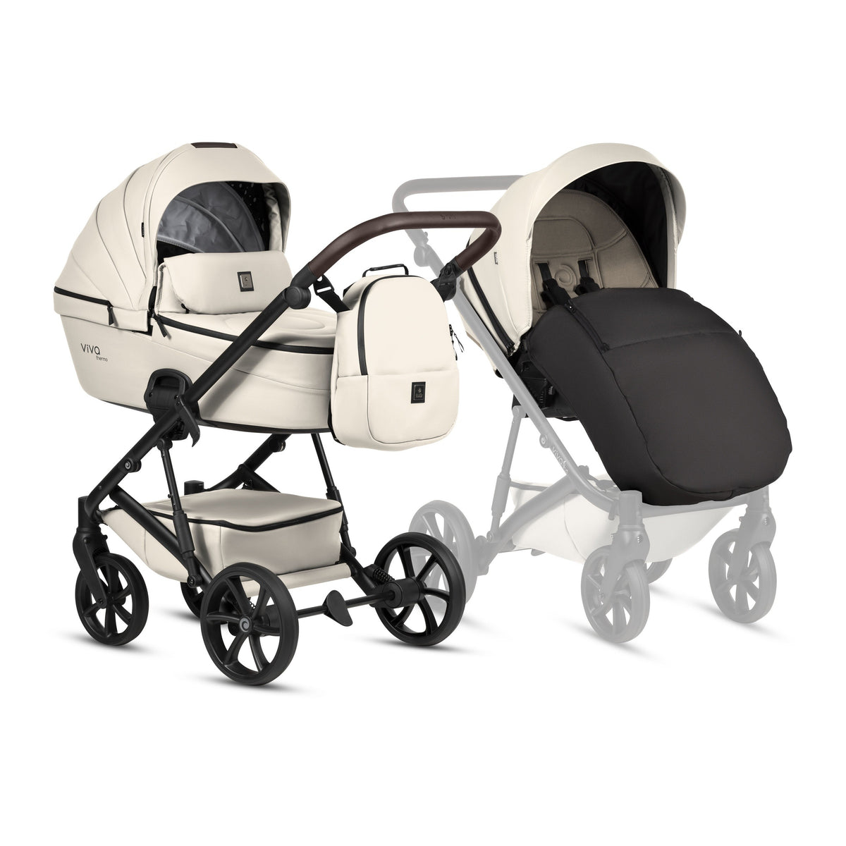 Tutis Viva 6+ Leather 2-in-1 kinderwagen Vanilla 086 met ThermoCot reiswieg, aluminium chassis en lichte eco-leather afwerking
