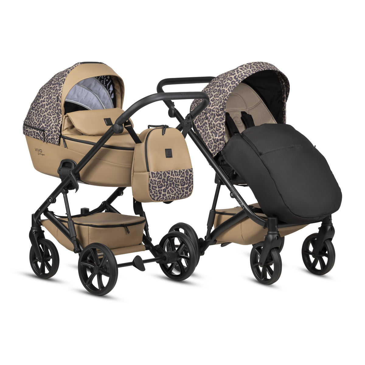 Tutis Viva 6+ Wild Elegance 2-in-1 kinderwagen Savannah Brown 323 in beige met luipaardprint en eco-leather details
