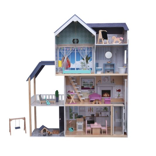 Gerardo’s Toys Crystal houten poppenhuis met LED verlichting, vier verdiepingen, lift, terras en meubels